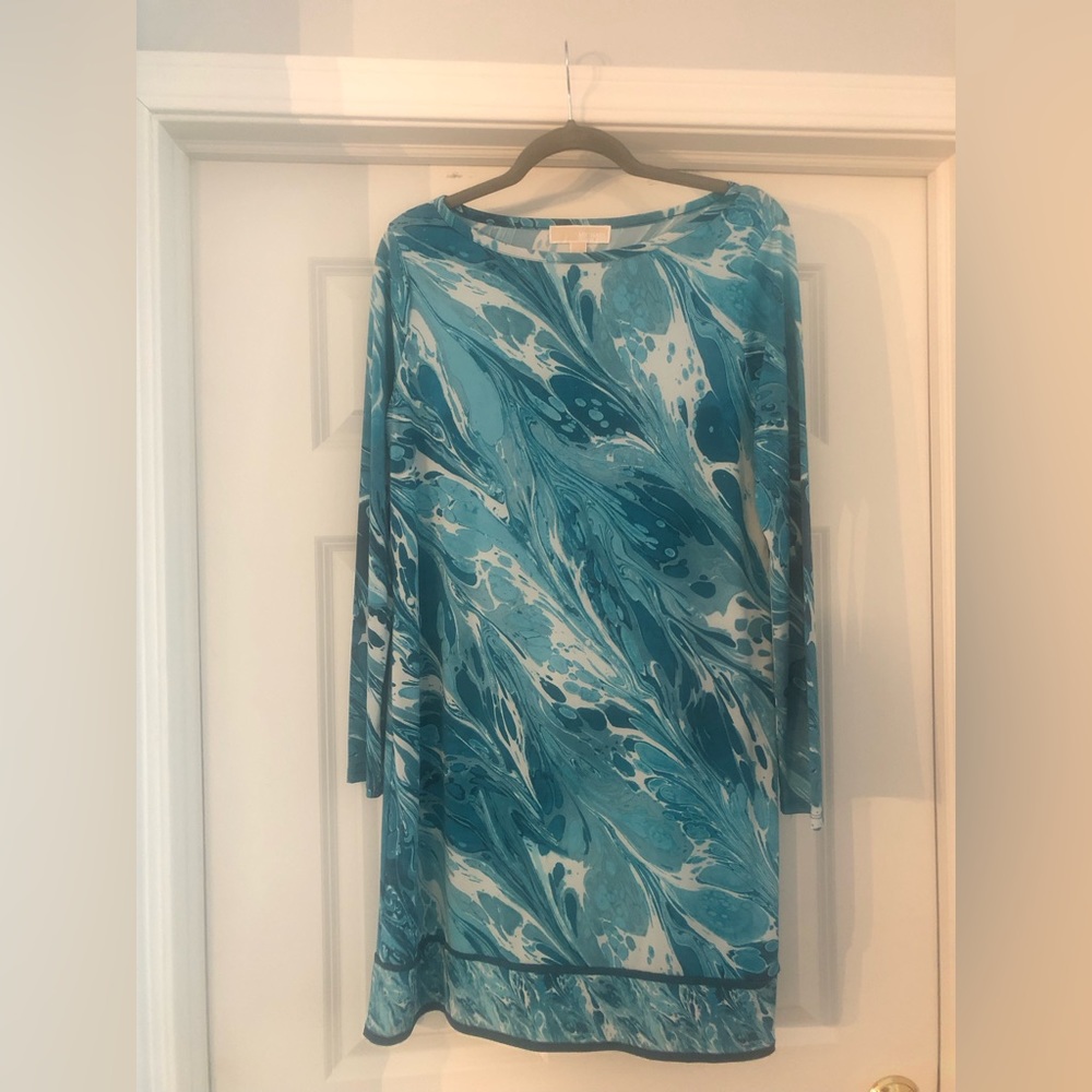 Michael Kors Teal Blue White Marble Print Dress Size Large
